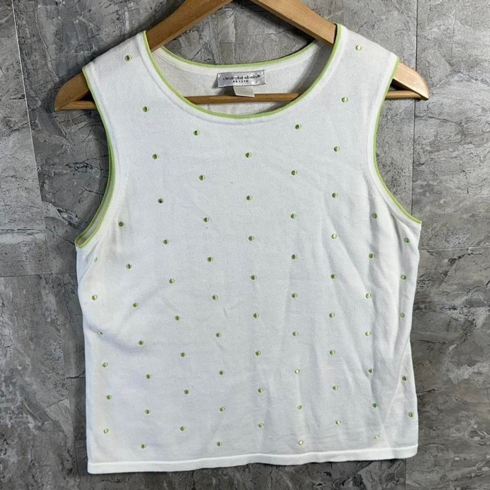 Christopher & Banks white tank top green sequins embroidered polkadots petite M